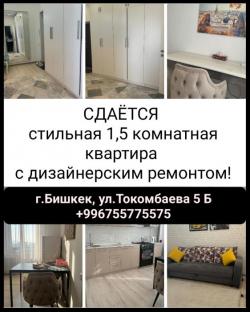 Сдаётся стильная 1,5 комнатная квартира с дизайнерским ремонтом, ул.Токомбаева 5Б