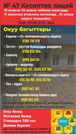 Акысыз билим! Nº 47 Кесиптик лицей 18 жаштан 35 жашка чейинки жаштарды 11 - класстын аттестаты негизинде, 10 айлык окууга чакырабыз