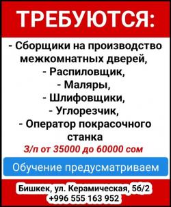 Требуются: сборщики на производство межкомнатных дверей, распиловщик, маляры, шлифовщики, углорезчик, оператор покрасочного станка.