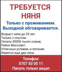 Требуется няня. Район Моссовет. Только с проживанием